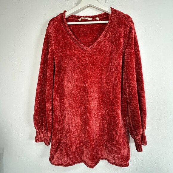Soft Surroundings Women Chenille V-Neck Sweater Large Red Orange Pullover Casual - Picture 1 of 7